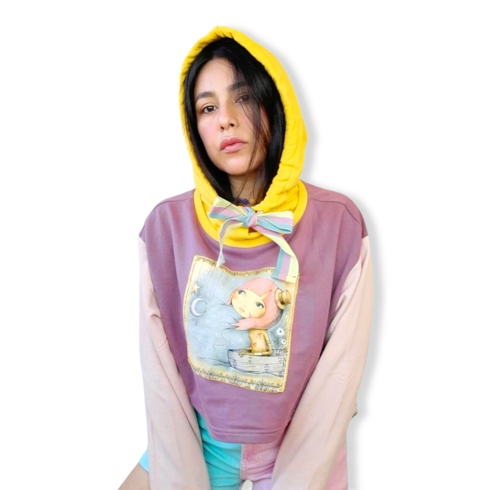 UO upcycled patchwork colorblocked cropped hoodie